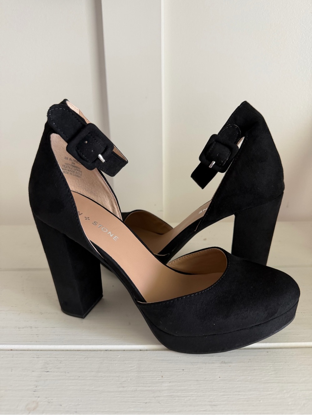 Sun + Stone Estrella Black Microsuede Block Heel Platform Prom Pumps Size 9 EUC